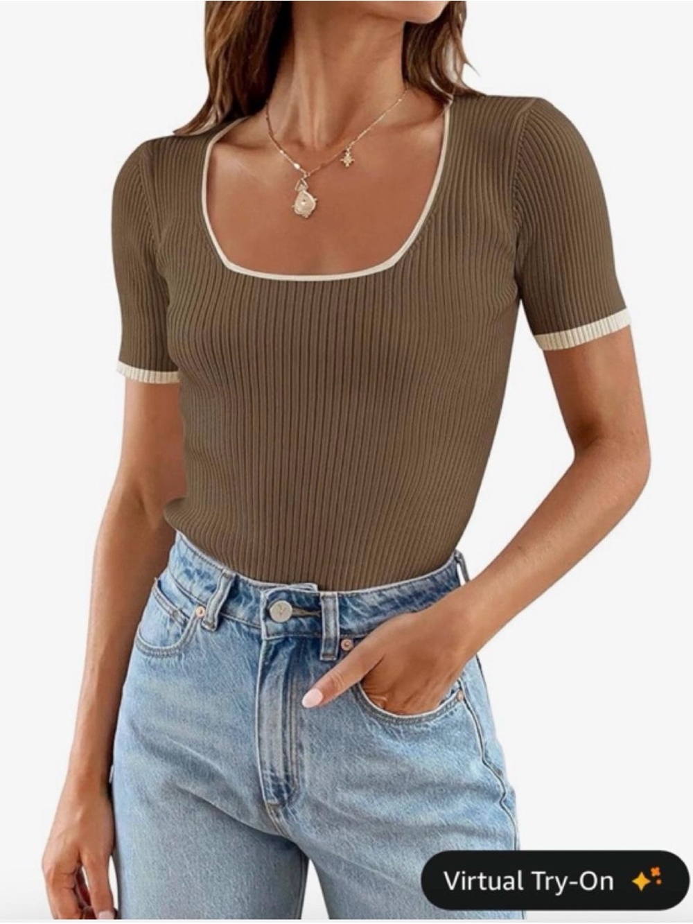 Zesica Ribbed Square Neck Short Sleeve Top - Brown